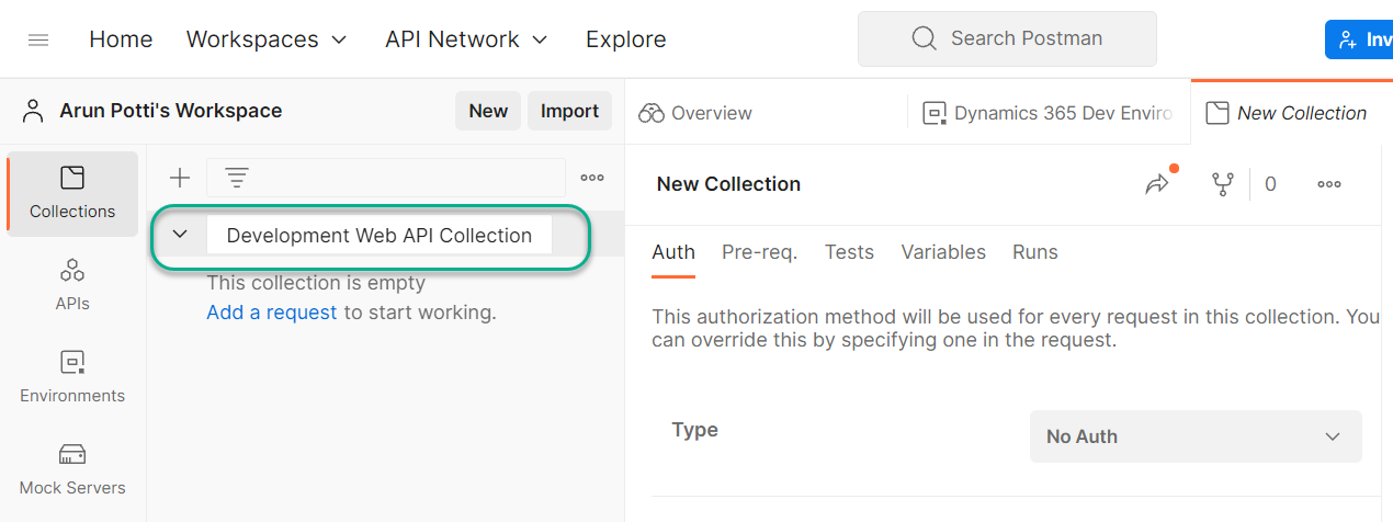 setup and connect to the Dataverse environment in Postman